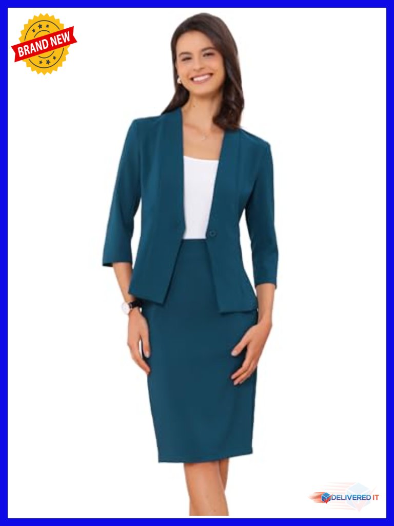 2 Piece Business Skirt Suit Set Collarless Blazer Pencil Skirt